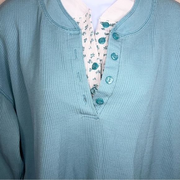 XL Vintage 90s Blue Waffle Knit Thermal Top Floral Long Sleeve Bobbie Brooks - Picture 6 of 13